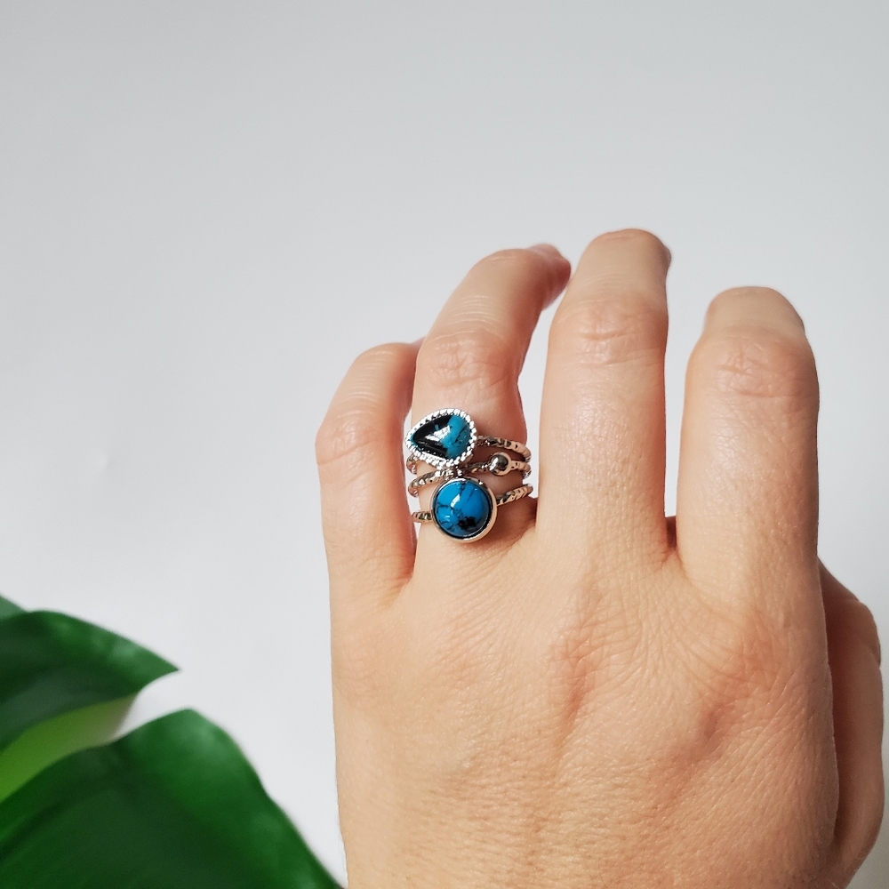 Stacking 3 Ring Set Vintage Silver Blue Stone - Picture 7 of 8